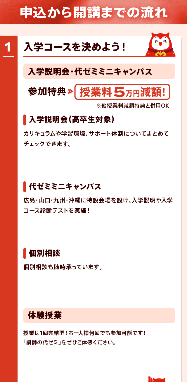 申込から開講までの流れ 入学コースを決めよう！