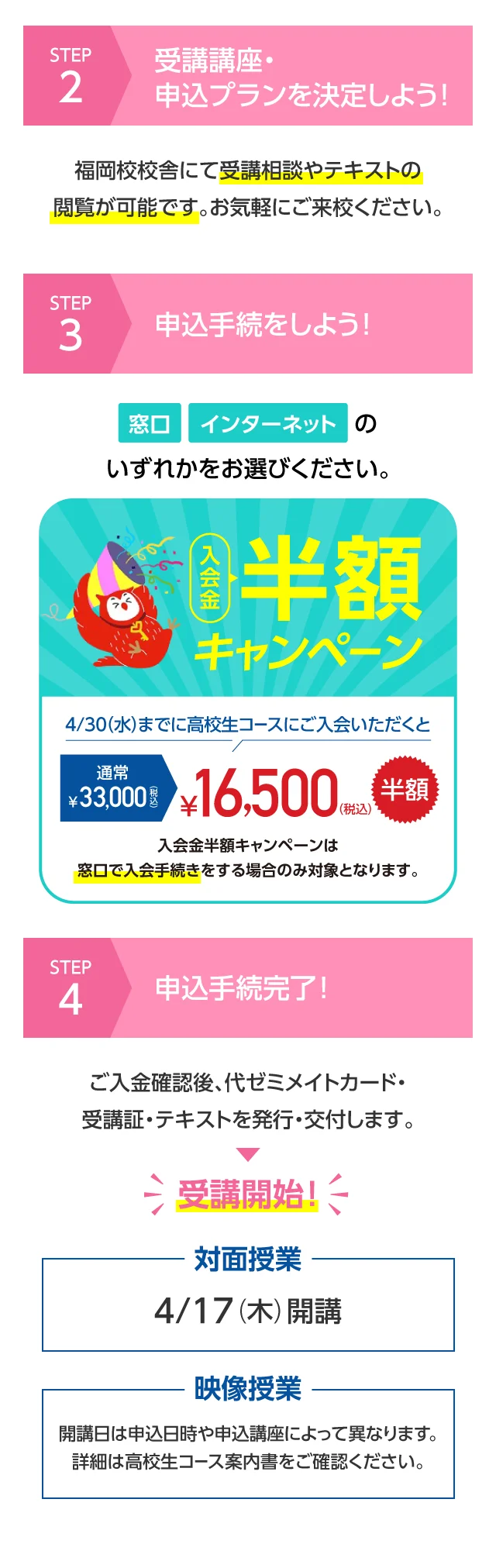流れ2　受講講座・申込プランを決定しよう!／流れ3　申込手続をしよう!／流れ4　申込手続完了!