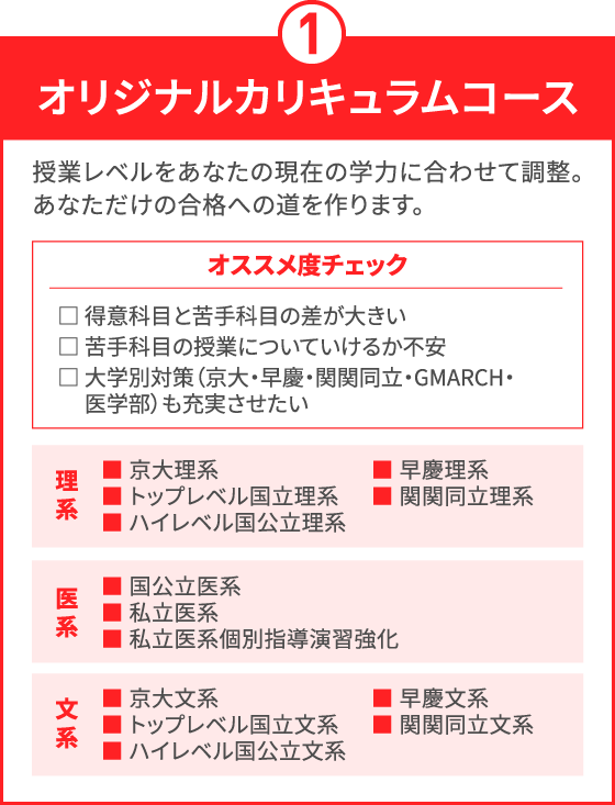 オリジナルカリキュラムコース 授業レベルをあなたの現在の学力に合わせて調整。あなただけの合格への道を作ります。 オススメ度チェック 得意科目と苦手科目の差が大きい 苦手科目の授業についていけるか不安 大学別対策（京大・早慶・関関同立・GMARCH・医学部）も充実させたい 理系 京大理系 トップレベル国立理系 ハイレベル国公立理系 早慶理系 関関同立理系 医系 国公立医系 私立医系 私立医系個別指導演習強化 文系 京大文系 トップレベル国立文系 ハイレベル国公立文系 早慶文系 関関同立文系