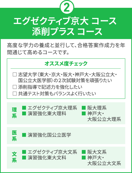 エグゼクティブ京大コース 添削プラス コース 高度な学力の養成と並行して、合格答案作成力を年間通じて高めるコースです。 オススメ度チェック 志望大学（東大・京大・阪大・神戸大・大阪公立大・国公立大医学部）の２次試験対策を頑張りたい 添削指導で記述力を強化したい 共通テスト対策もバランスよく行いたい 理系 エグゼクティブ京大理系 演習強化東大理科 阪大理系 神戸大・大阪公立大理系 医系 演習強化国公立医学 文系 エグゼクティブ京大文系 演習強化東大文科 阪大文系 神戸大・大阪公立大文系