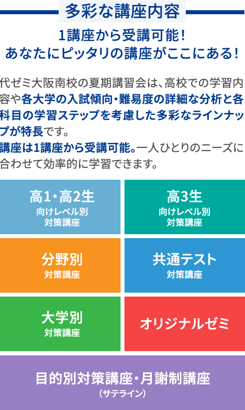 多彩な講座内容 1講座から受講可能！あなたにピッタリの講座がここにある！ 代ゼミ大阪南校の夏期講習会は、高校での学習内容や各大学の入試傾向・難易度の詳細な分析と各科目の学習ステップを考慮した多彩なラインナップが特長です。講座は1講座から受講可能。一人ひとりのニーズに合わせて効率的に学習できます。 高1〜2生向けレベル別対策講座 高3生向けレベル別対策講座 分野別対策講座 共通テスト対策講座 大学別対策講座 オリジナルゼミ 目的別対策講座・月謝制講座（サテライン）