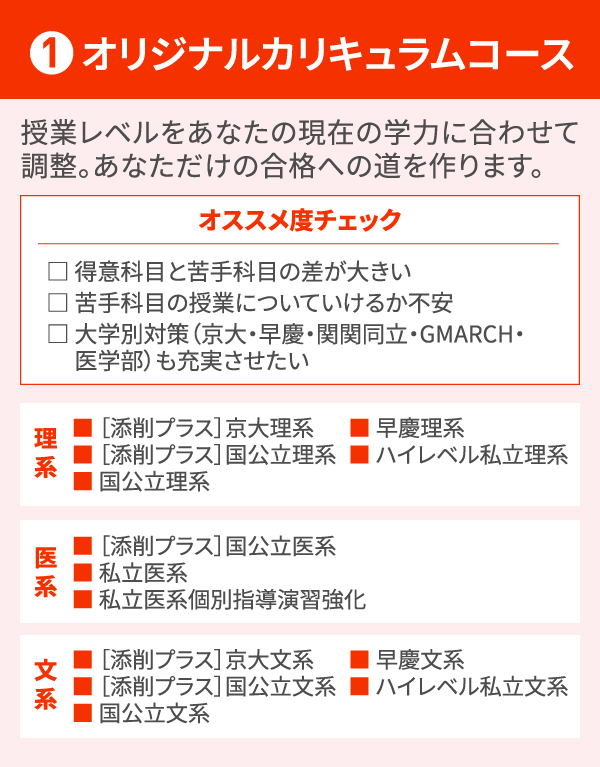 1 オリジナルカリキュラムコース 授業レベルをあなたの現在の学力に合わせて調整。あなただけの合格への道を作ります。 オススメ度チェック □ 得意科目と苦手科目の差が大きい □ 苦手科目の授業についていけるか不安 □ 大学別対策（京大・早慶・関関同立・GMARCH・医学部）も充実させたい 理系 ■ ［添削プラス］京大理系 ■ ［添削プラス］国公立理系 ■ 国公立理系■ 早慶理系 ■ ハイレベル私立理系 医系 ■ ［添削プラス］国公立医系 ■ 私立医系 ■ 私立医系個別指導演習強化 文系 ■ ［添削プラス］京大文系 ■ ［添削プラス］国公立文系 ■ 国公立文系 ■ 早慶文系 ■ ハイレベル私立文系