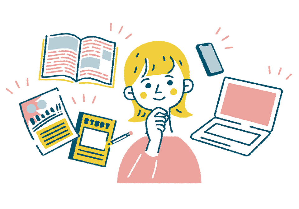 スマホ、PCやノート、教科書に囲まれている女性のイメージ