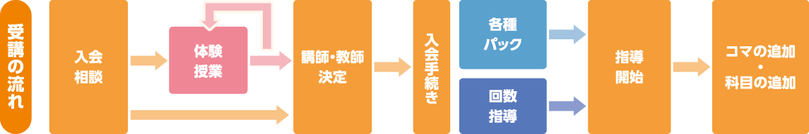 入会相談→入会相談もしくは講師・教師の決定→入会手続き→入会手続きもしくは個別指導パック→指導/科目の追加→学習リズムの確立