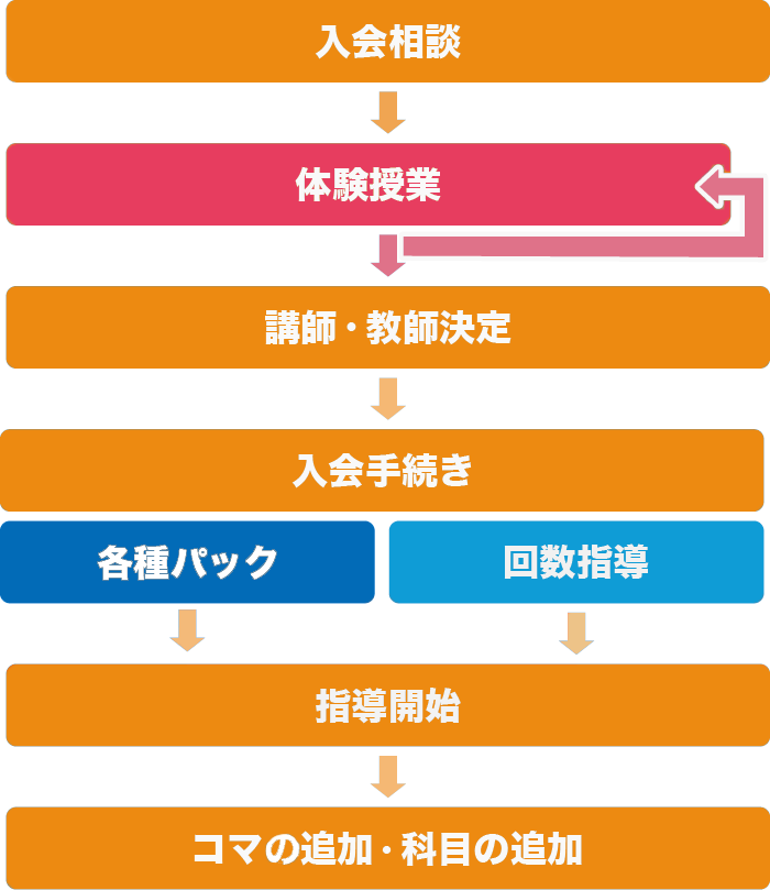 入会相談→入会相談もしくは講師・教師の決定→入会手続き→入会手続きもしくは個別指導パック→指導/科目の追加→学習リズムの確立