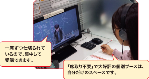 一席ずつ仕切られていますので、集中して受講できます。「席取り不要」で大好評な個別ブースは、自分だけのスペースです。