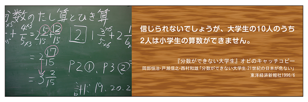 イメージ写真、および「信じられないでしょうが、大学生の10人のうち2人は小学生の算数ができません。（『分数ができない大学生』オビのキャッチコピー）」というテキスト